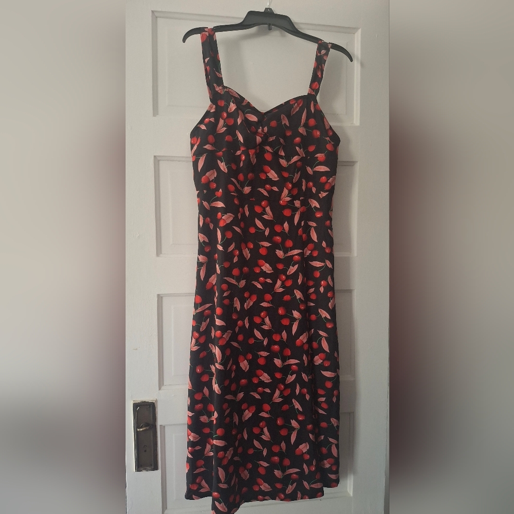 SHEIN Black Midi Dress with Red Leaf Print